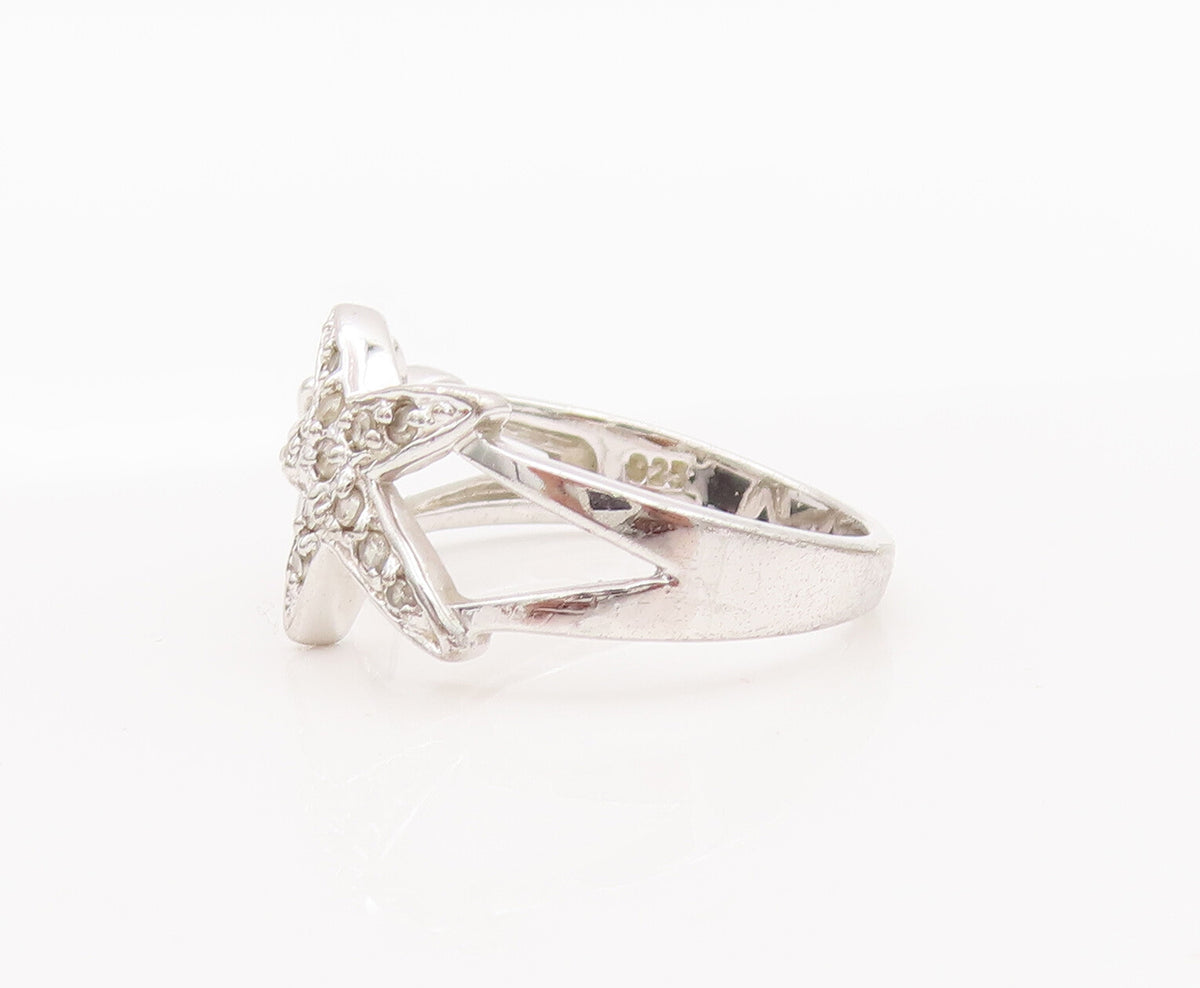 925 Sterling Silver Vintage Ring Solid & Topaz Star Carved Ends  Sz 7  RG27709