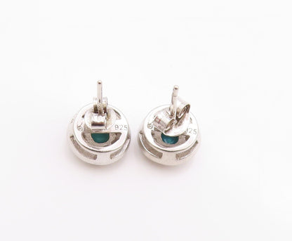 925 Sterling Silver Vintage Earrings Round Fire Opal & Halo CZ Studs  EG13702