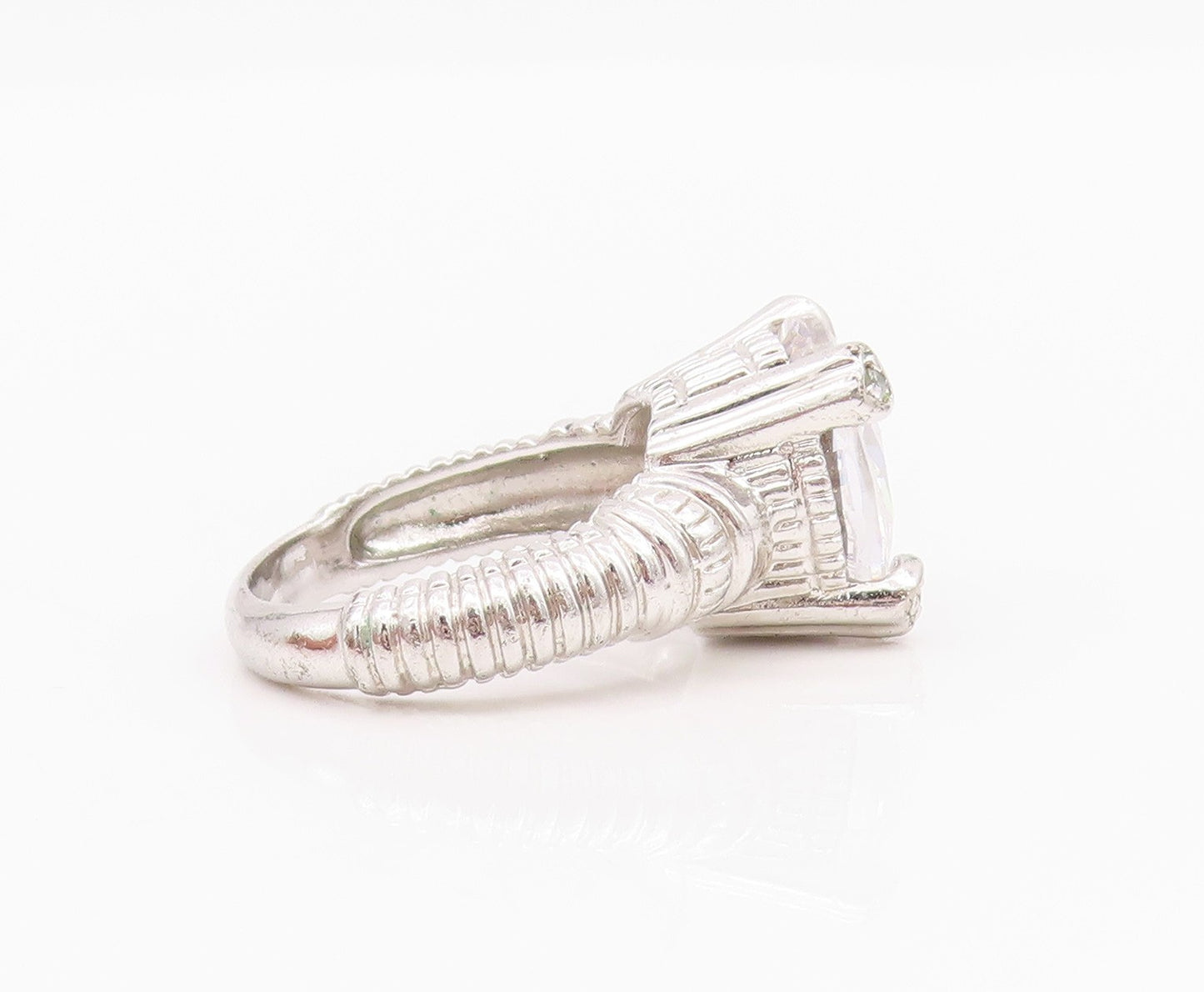 925 Sterling Silver Vintage Ring Roped Grooved Round Cut CZ  Sz 7  RG33093