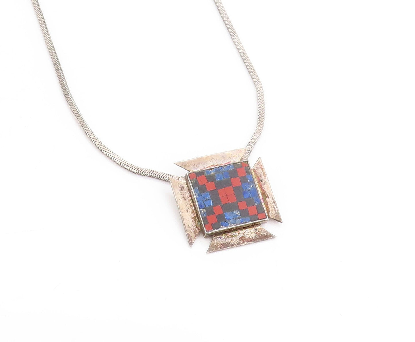 925 Sterling Silver Vintage Necklace Lapis Lazuli Inlay Checker Board   NE4669