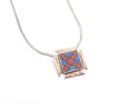 925 Sterling Silver Vintage Necklace Lapis Lazuli Inlay Checker Board   NE4669