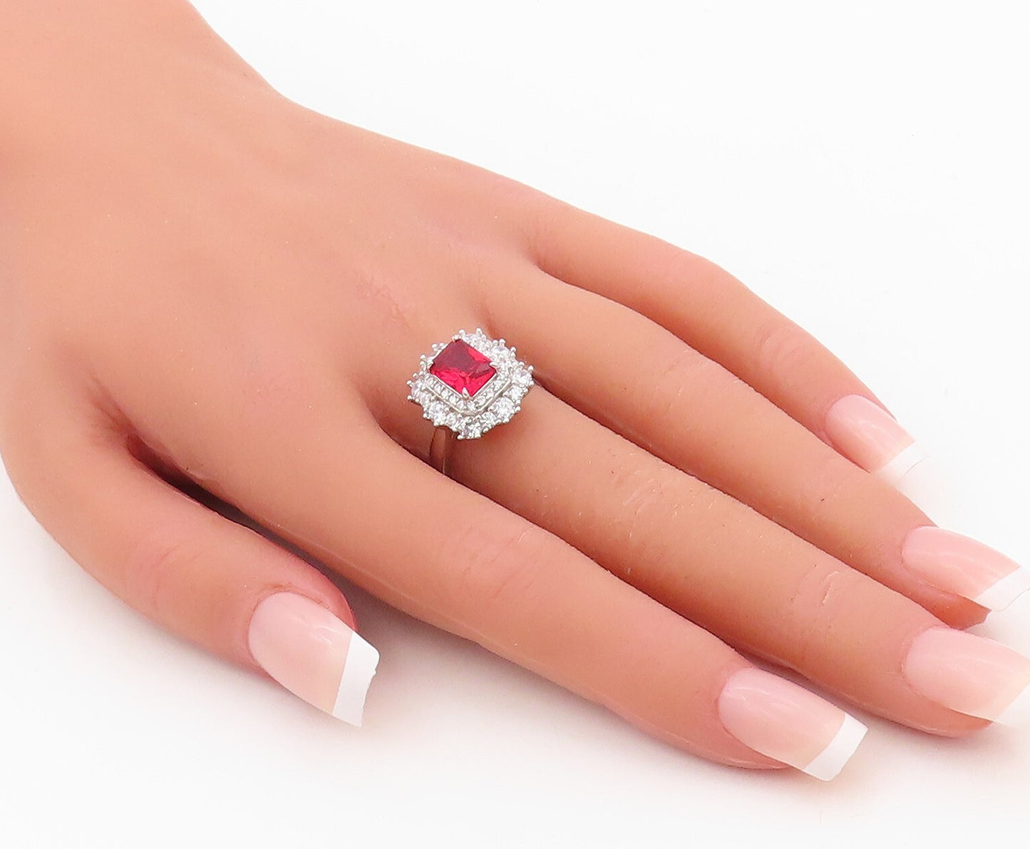925 Sterling Silver Vintage Ring Rectangle Red Halo White CZ   Sz 7  RG30363