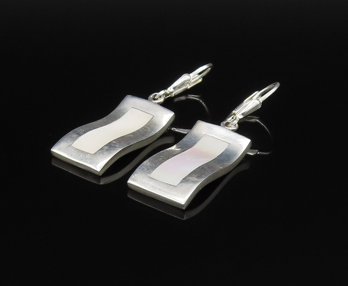 925 Silver  Vintage Inlaid Mother Of Pearl Curved Rectangle Earrings  EG11887