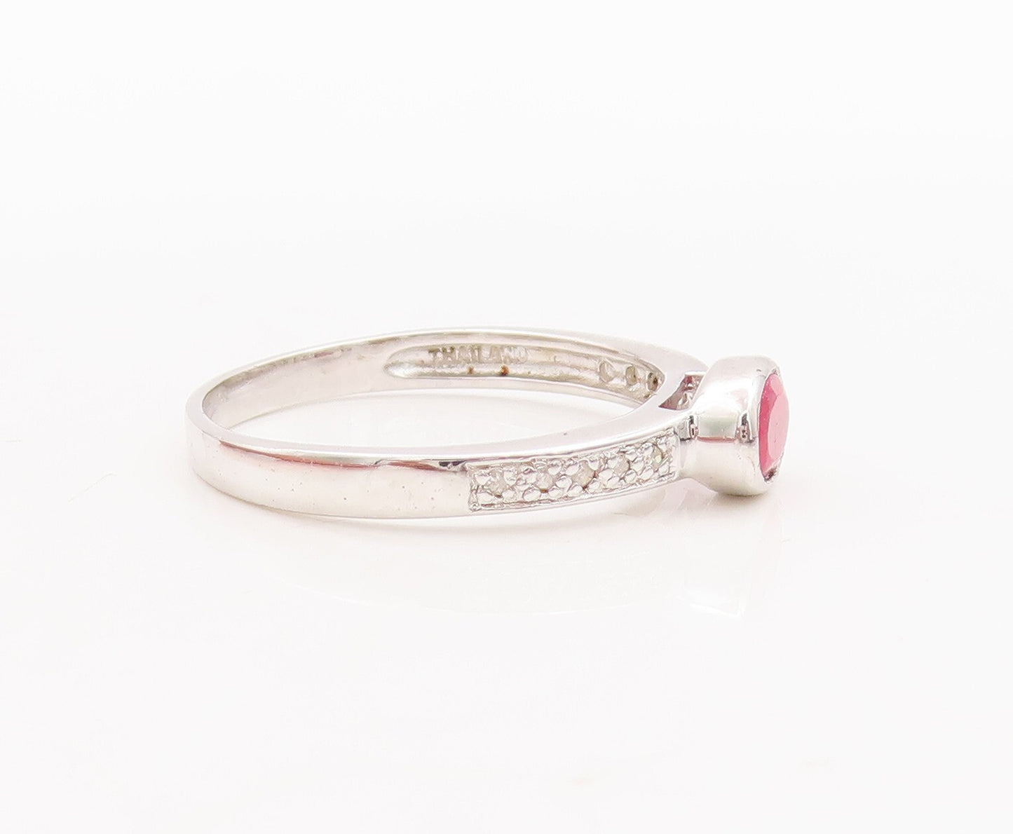 925 Sterling Silver Vintage Ring Oval Cut Ruby Real Diamonds Inlay Sz 8 RG29234