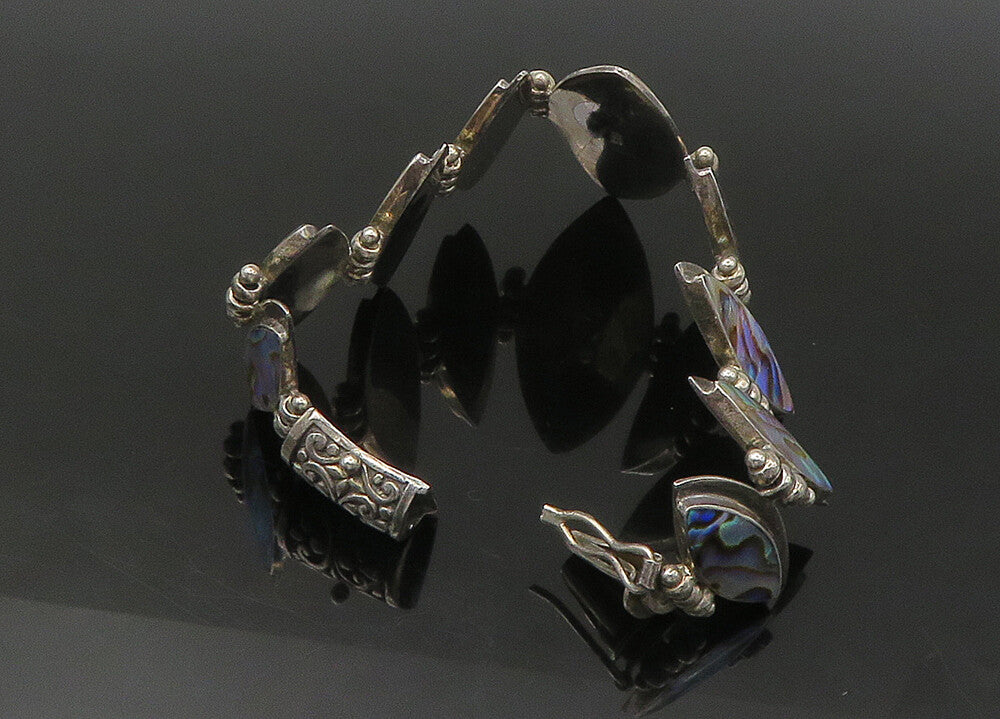 925 Sterling Silver  Vintage Graduated Abalone Shell Chain Bracelet  BT8793