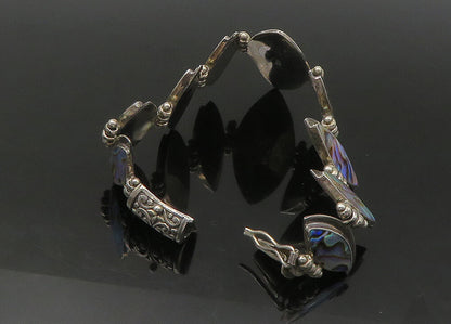 925 Sterling Silver  Vintage Graduated Abalone Shell Chain Bracelet  BT8793