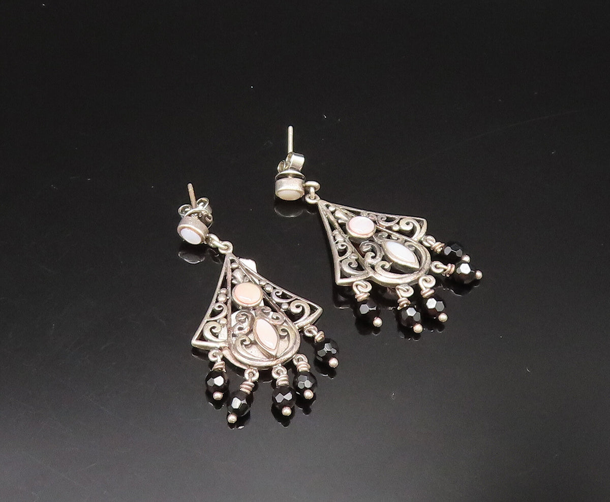 925 Silver  Vintage Mother Of Pearl & Spinel Beads Scroll Earrings  EG11745