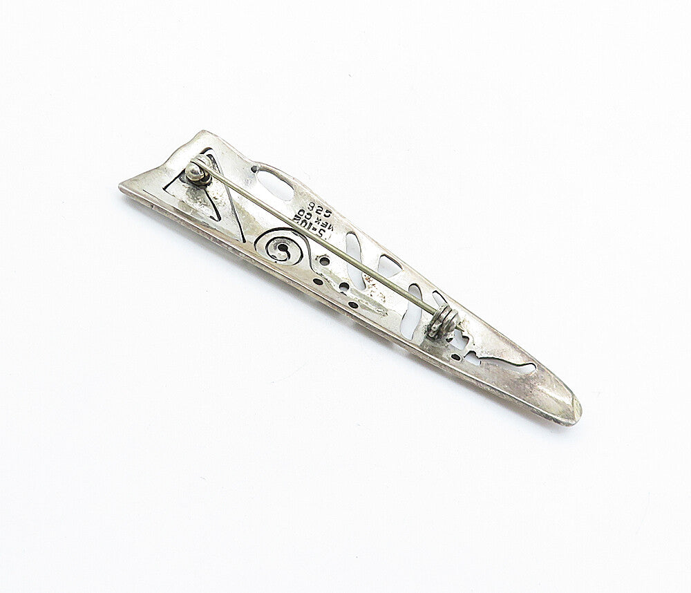 MEXICO 925 Sterling Silver Vintage Dark Tone Cutout Pattern Brooch Pin BP2397