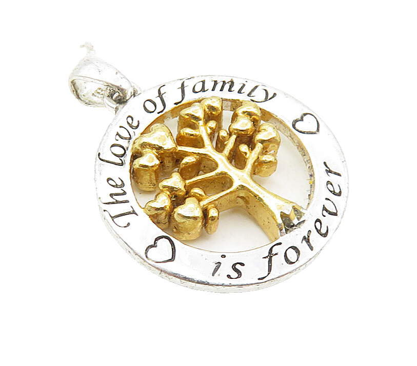925 Sterling Silver  Petite Two Tone Family Tree Love Quote Pendant  PT7037
