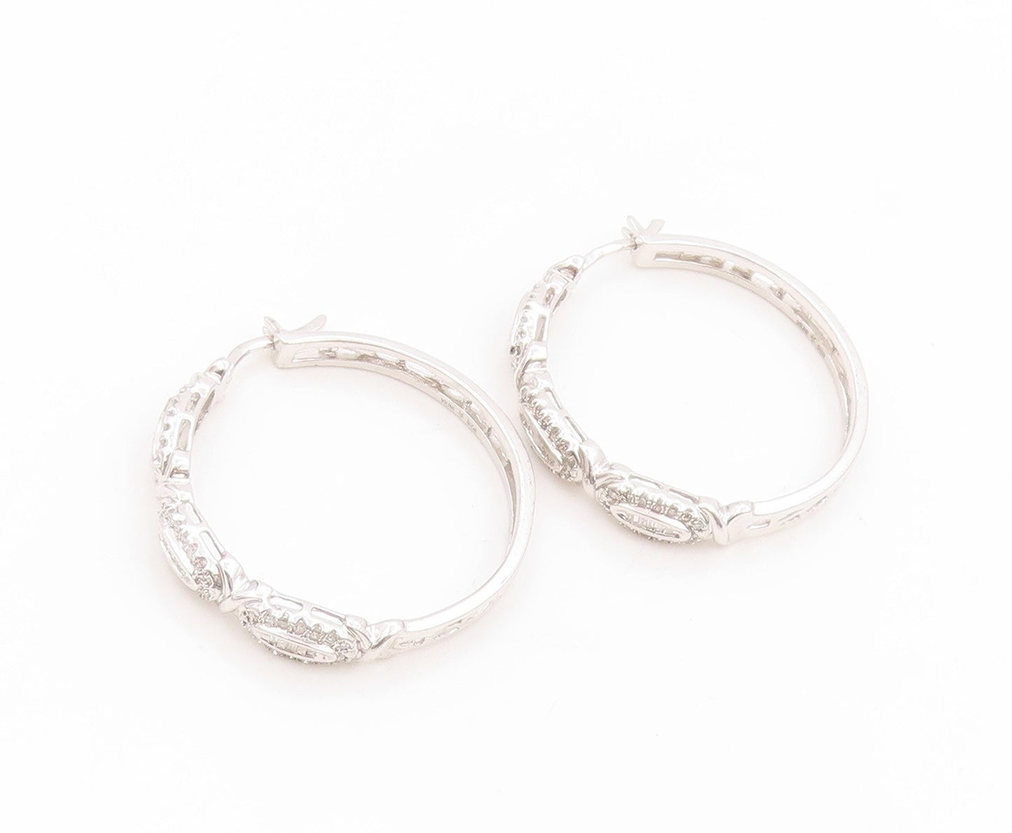 925 Sterling Silver Vintage Earrings Real 1/2ct Diamonds Elegant Hoops  EG14019