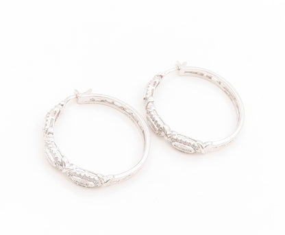 925 Sterling Silver Vintage Earrings Real 1/2ct Diamonds Elegant Hoops  EG14019