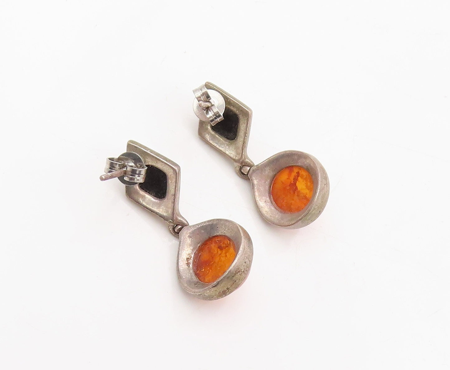 925 Sterling Silver Vintage Earrings Cabochon Amber Geometric Drop  EG13865