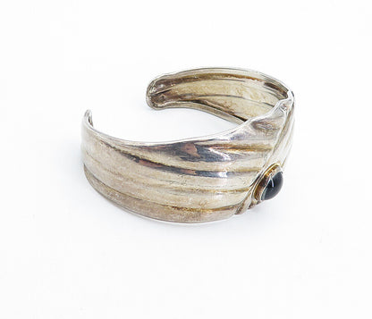 925 Sterling Silver  Vintage Black Onyx Fluted Design Cuff Bracelet  BT3012