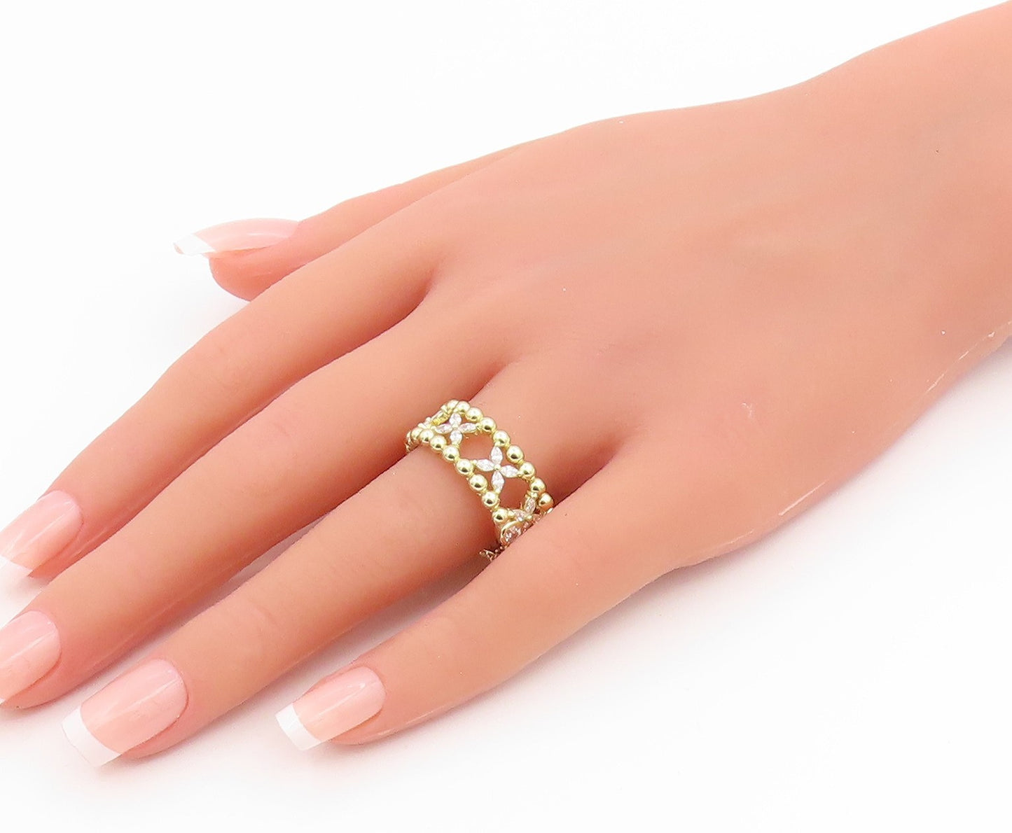 925 Sterling Silver Vintage Ring Gold Plated CZ Floral Link Band  Sz 10  RG35718