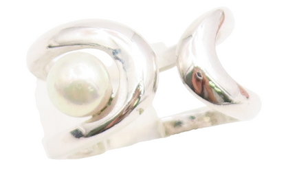 925 Sterling Silver Vintage Ring Abstract Wave Pearl Open Band  Sz 9  RG36678