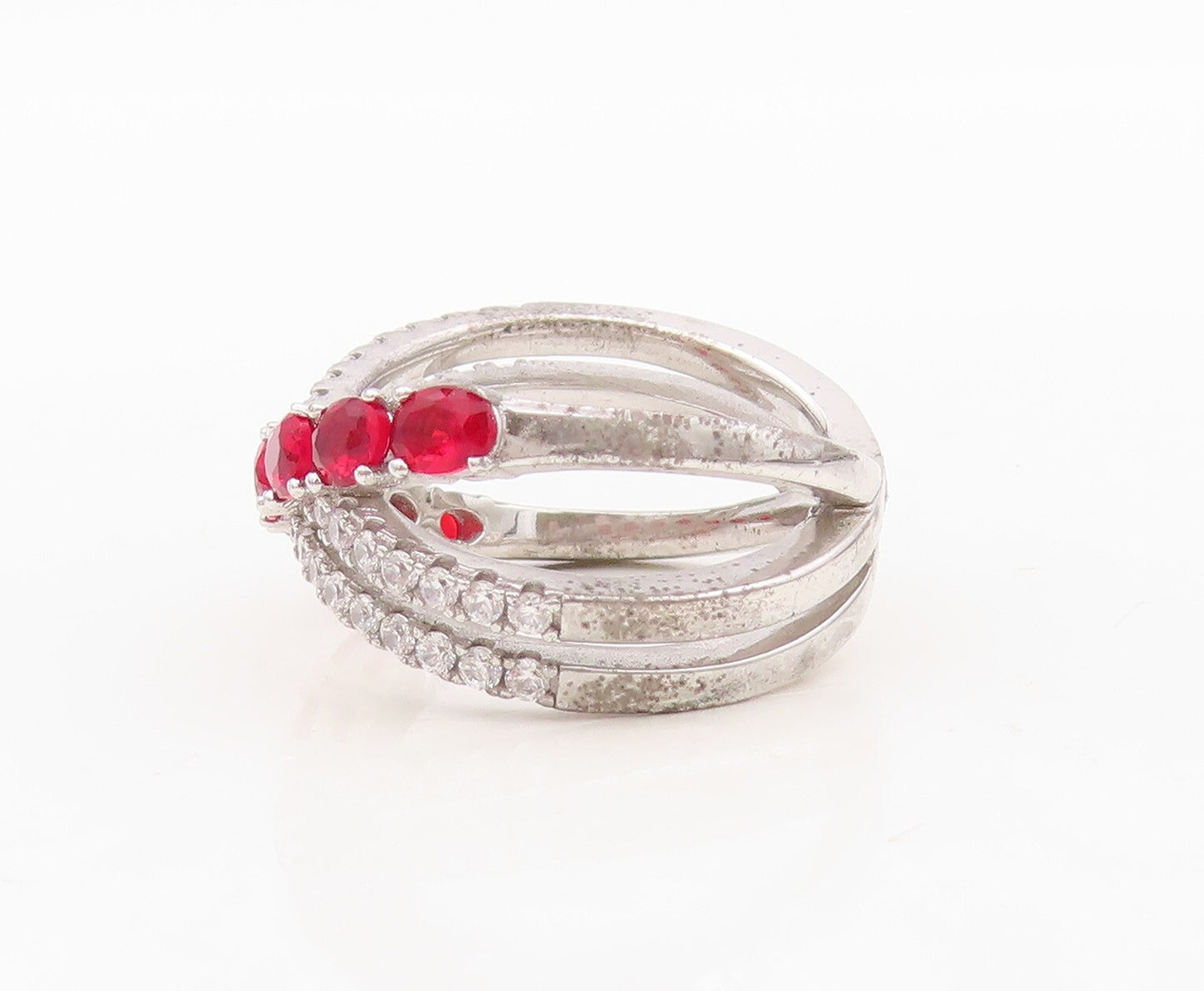 925 Sterling Silver Vintage Ring Designer Cutout Garnet & CZ Bands Sz 7  RG30399