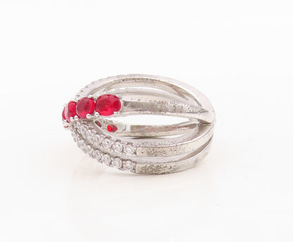 925 Sterling Silver Vintage Ring Designer Cutout Garnet & CZ Bands Sz 7  RG30399