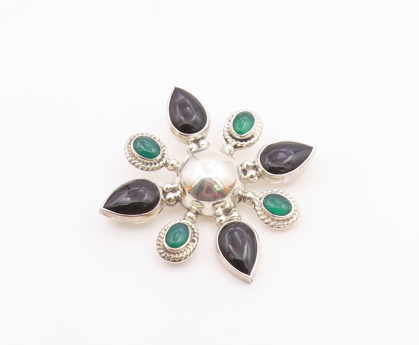 MEXICO 925 Silver  Vintage Black Onyx & Carnelian Floral Brooch Pin  BP5075