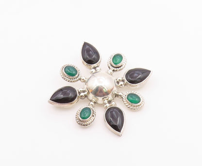 MEXICO 925 Silver  Vintage Black Onyx & Carnelian Floral Brooch Pin  BP5075