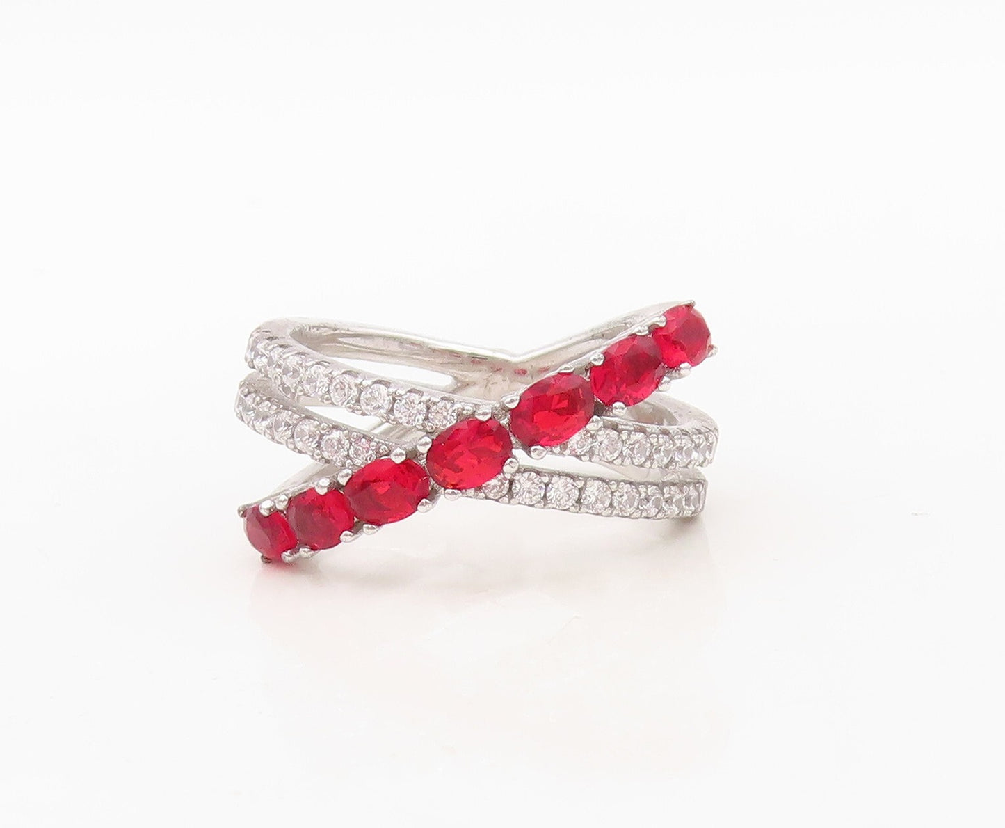 925 Sterling Silver Vintage Ring Designer Cutout Garnet & CZ Bands Sz 7  RG30399
