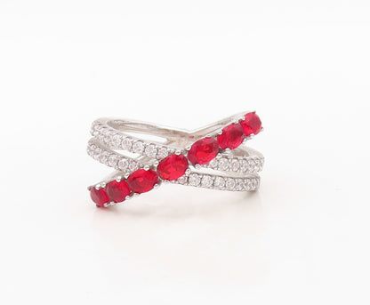 925 Sterling Silver Vintage Ring Designer Cutout Garnet & CZ Bands Sz 7  RG30399