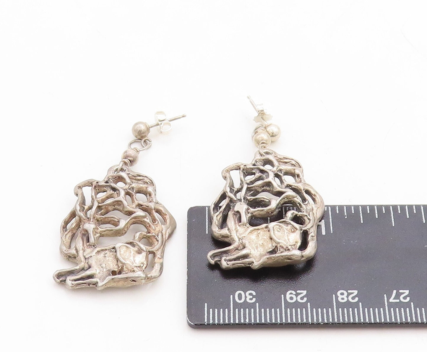 925 Sterling Silver Vintage Earrings Dark Tone Brutalist Deer Carved  EG13313