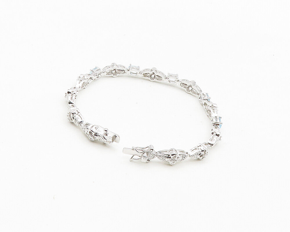 925 Sterling Silver  Genuine Diamond & Blue Topaz Floral Chain Bracelet BT7253