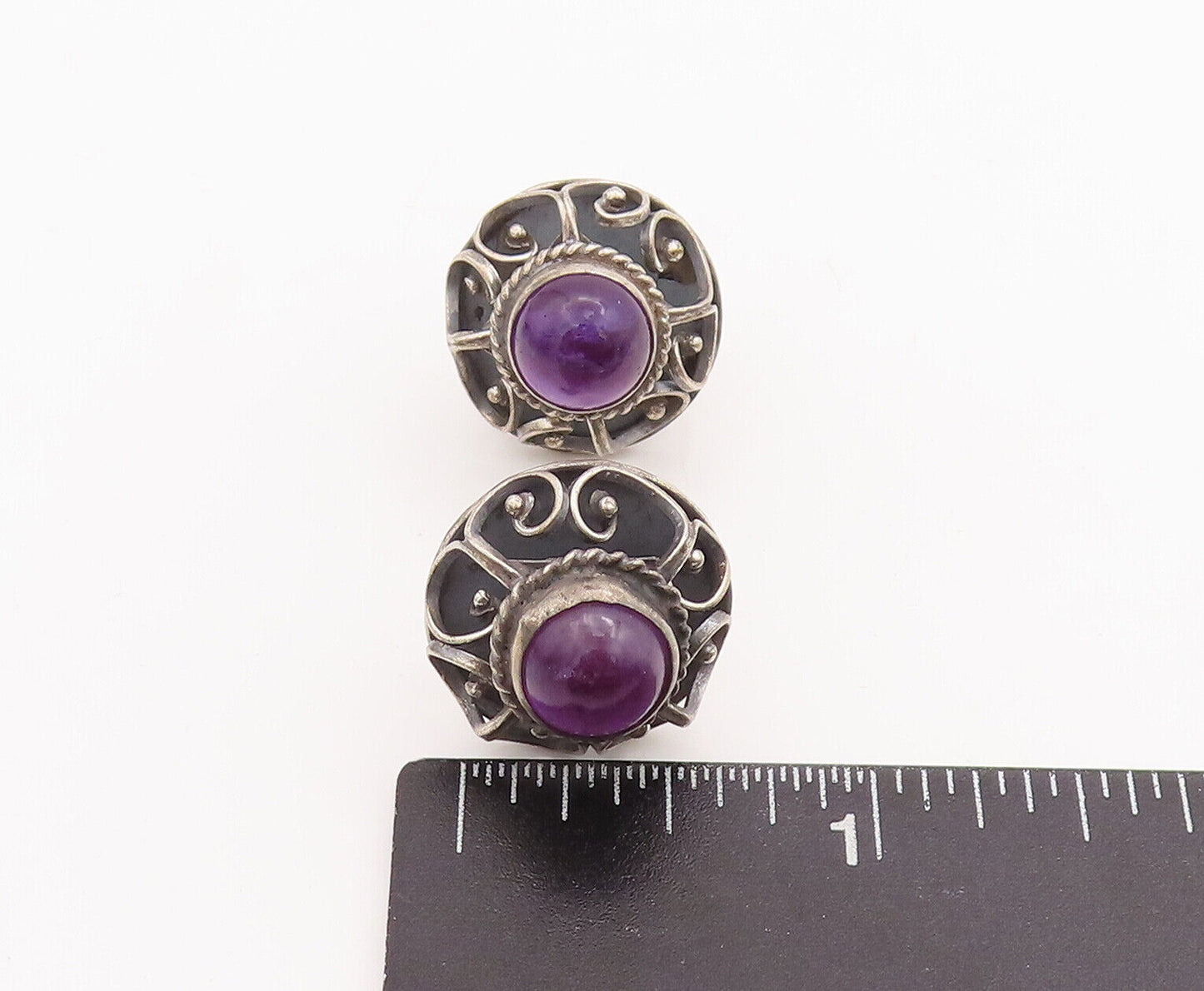 925 Sterling Silver Vintage Earrings MEXICO Swirl Carved Amethyst Flower EG13073