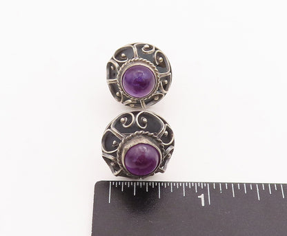 925 Sterling Silver Vintage Earrings MEXICO Swirl Carved Amethyst Flower EG13073