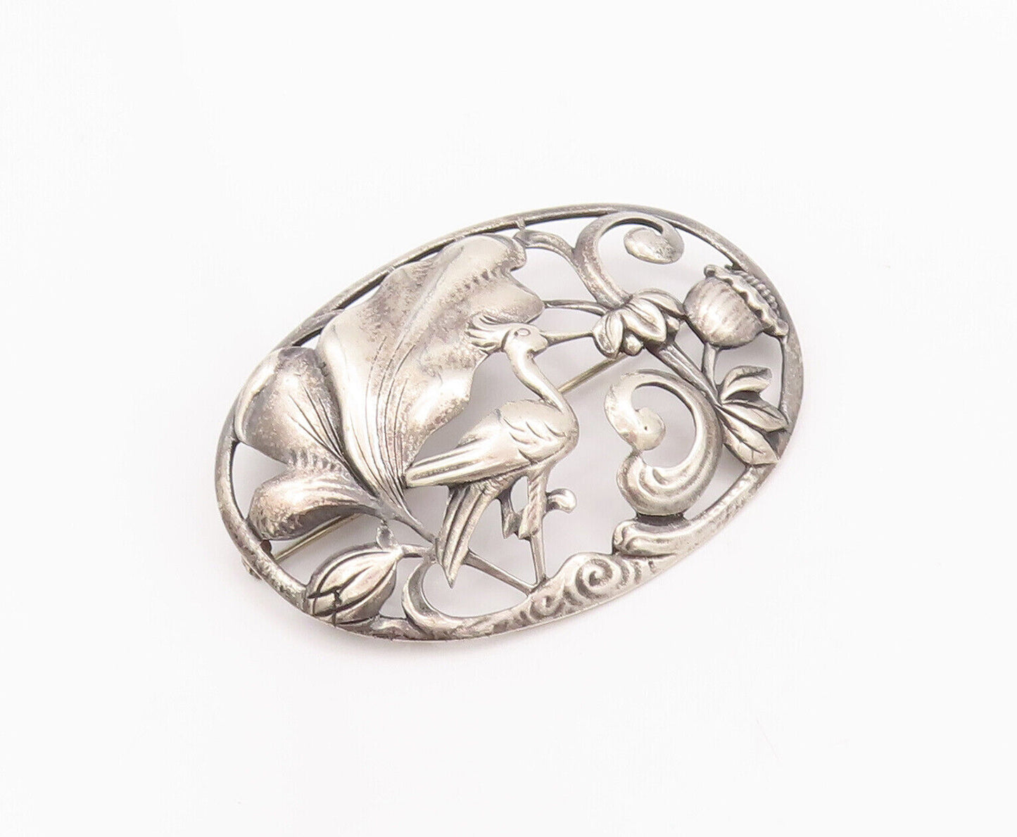 925 Sterling Silver Vintage Brooch Pin SWEDECRAFT Oval Antique Floral  BP10789