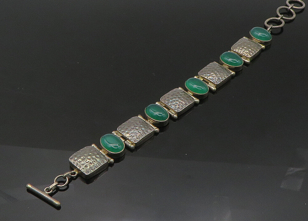 925 Sterling Silver  Vintage Cabochon Green Carnelian Chain Bracelet  BT8732