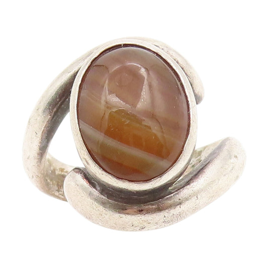 925 Sterling Silver Vintage Ring Cabochon Agate Bypass Band  Sz 7.5  RG34672
