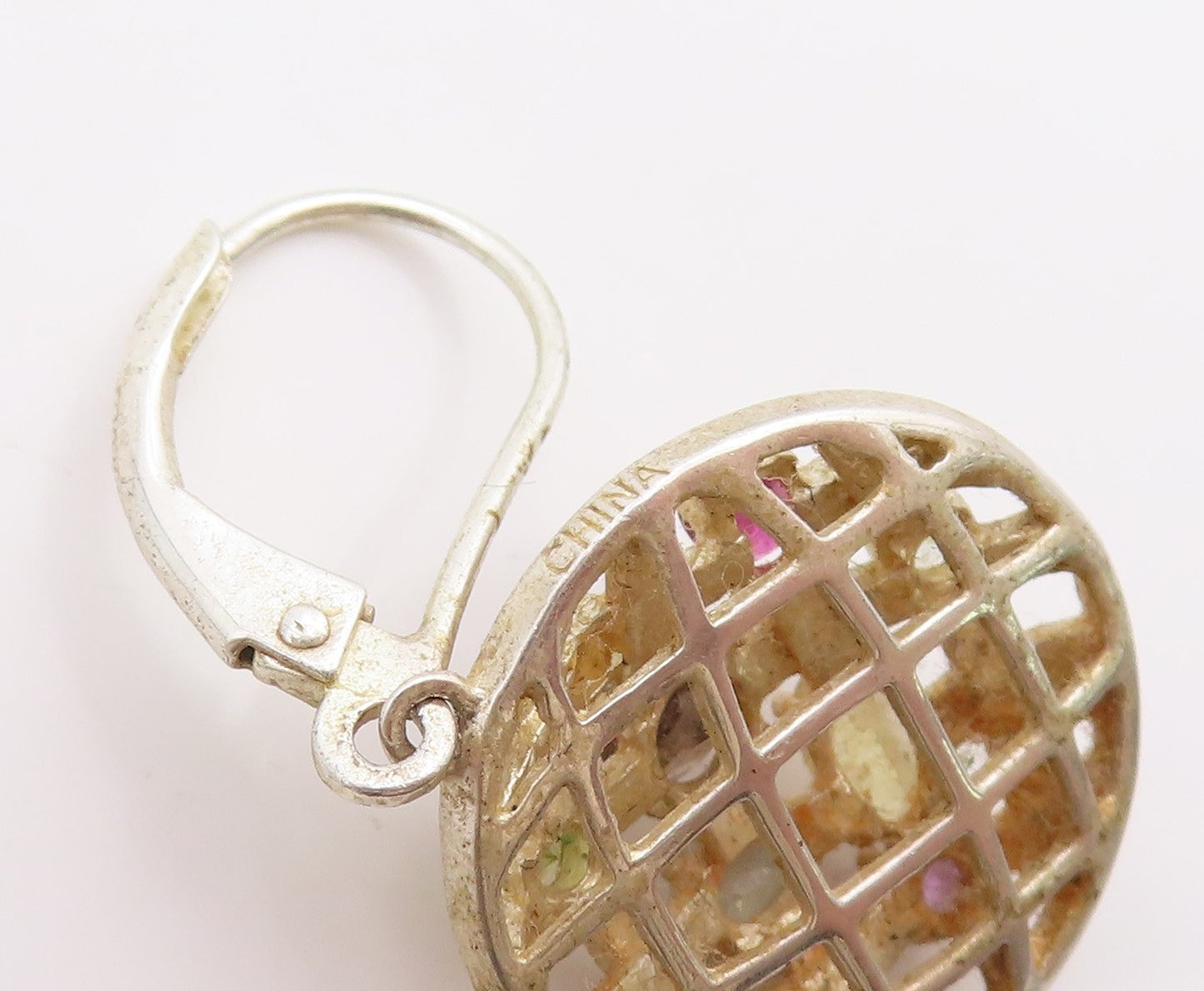 925 Sterling Silver Vintage Earrings Multi Gemstone Waffle Pattern Drop  EG13918