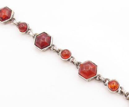 925 Sterling Silver Vintage Bracelet Chunky Honey Amber Geometric Link  BT12085