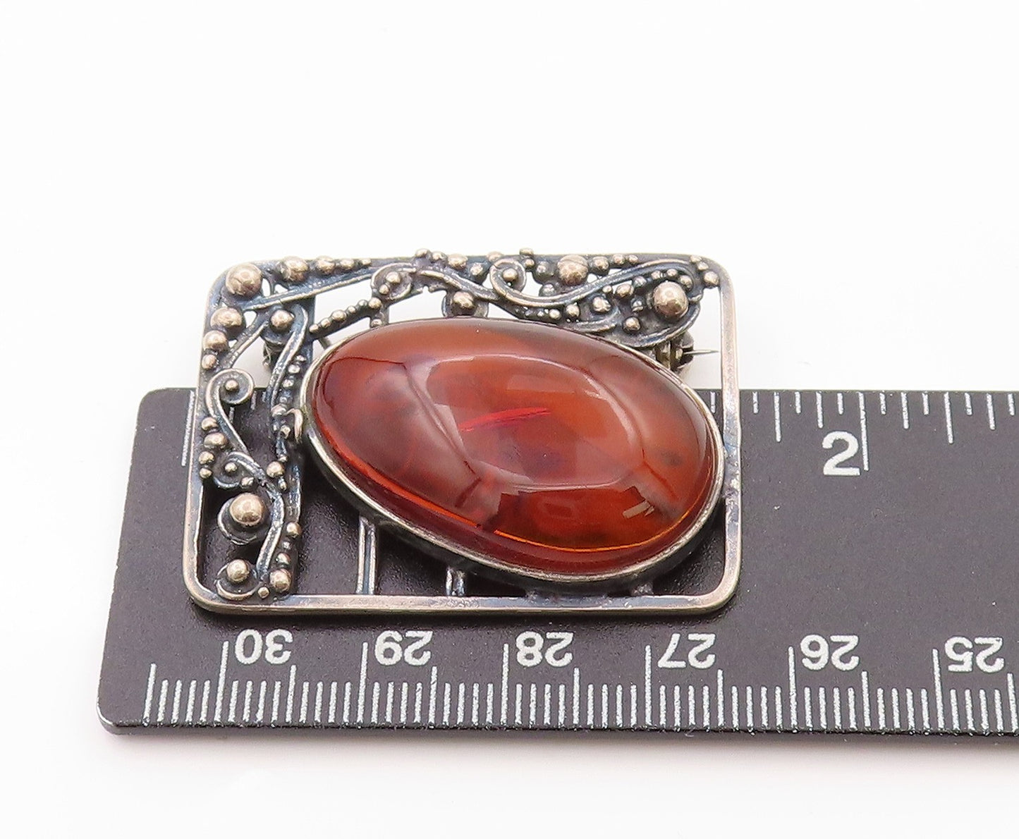 925 Sterling Silver Vintage Brooch POLAND Large Amber Swirly Cutout  BP11621