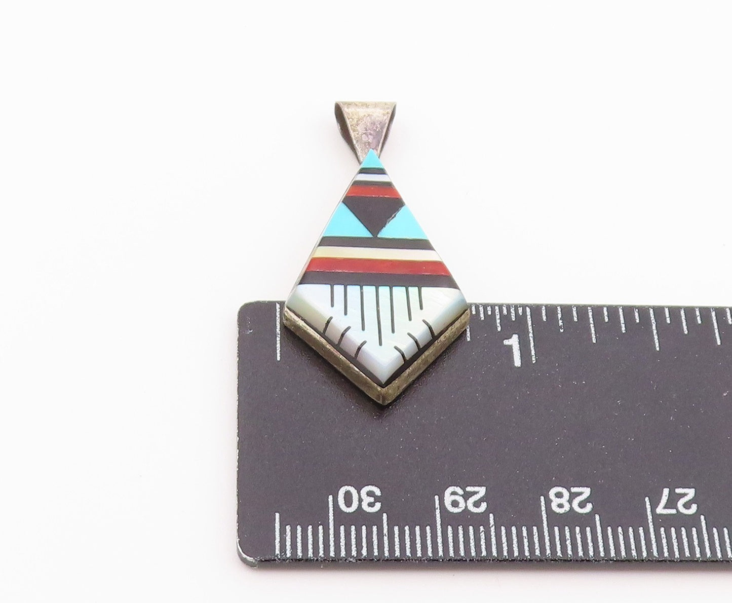 925 Sterling Silver Vintage Pendant NAVAJO ZUNI Gemstone Geometric Inlay PT26424