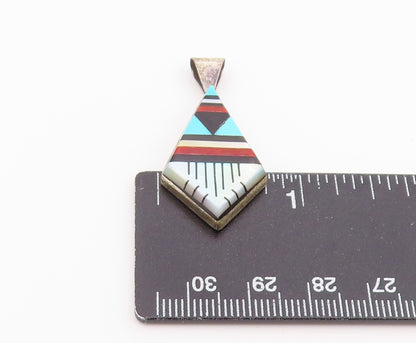 925 Sterling Silver Vintage Pendant NAVAJO ZUNI Gemstone Geometric Inlay PT26424
