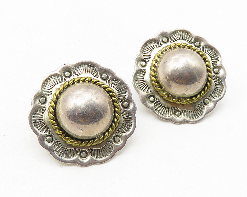 MEXICO 925 Sterling Silver  Vintage Two Tone Floral Dome Drop Earrings  EG5853
