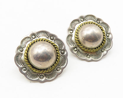 MEXICO 925 Sterling Silver  Vintage Two Tone Floral Dome Drop Earrings  EG5853