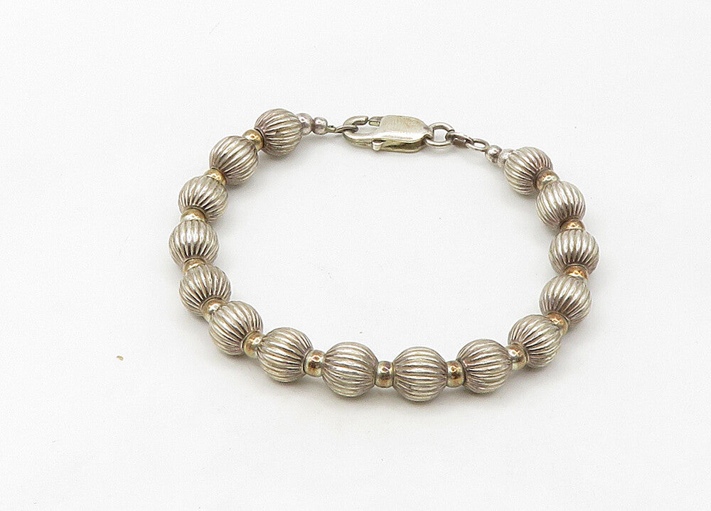 925 Sterling Silver  Vintage Two Tone Fluted Bead Chain Bracelet  BT8529