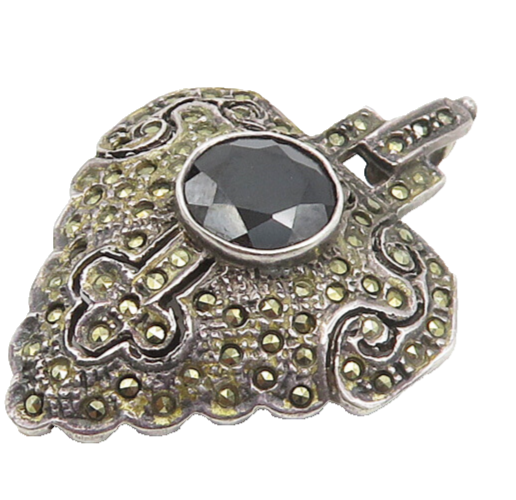 925 Sterling Silver   Vintage Black Hematite & Marcasite Brooch Pin  BP6853