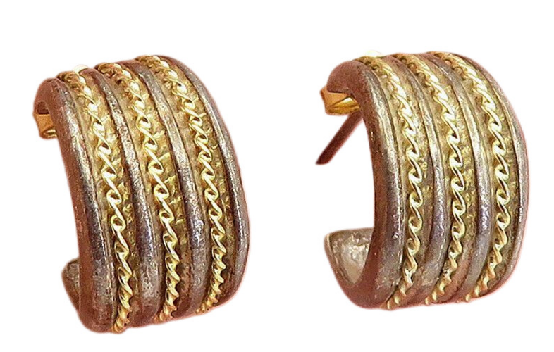 DAVID SIGAL 925 Silver & 18K GOLD  Vintage 2 Tone Twist JHoop Earrings EG2389