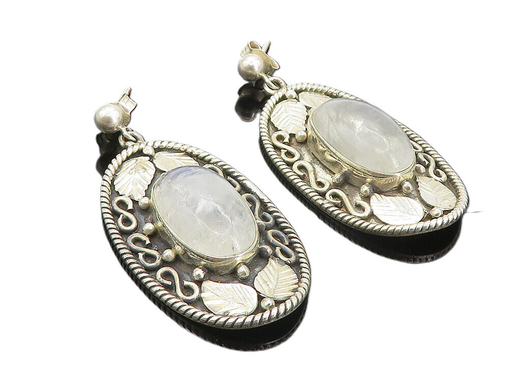 925 Sterling Silver  Vintage Cabochon Cut Quartz Floral Drop Earrings  EG3081