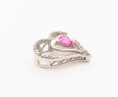 925 Silver  Vintage Double Love Heart Ruby & Genuine Diamonds Pendant  PT20487