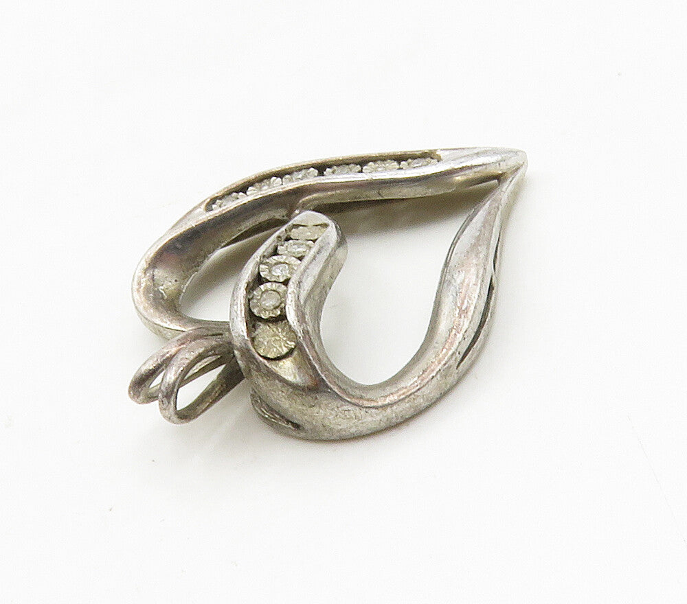 925 Sterling Silver  Vintage Genuine Diamonds Open Love Heart Pendant  PT12948