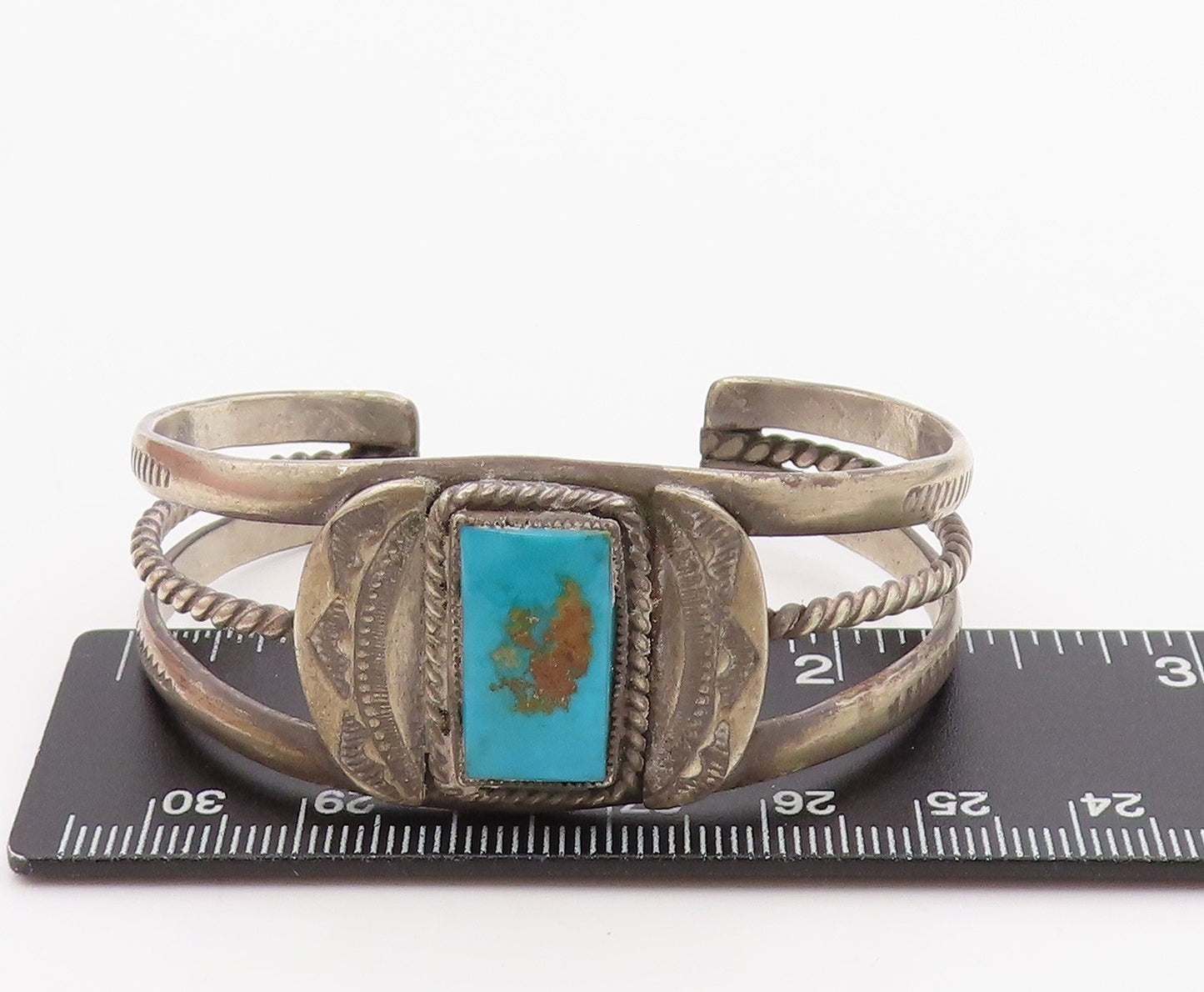 925 Sterling Silver Vintage Bracelet NAVAJO Blue Turquoise Etched Cuff  BT11373