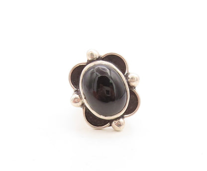 925 Sterling Silver Vintage Ring Cabochon Onyx Cutout Flower  Sz 9  RG31388