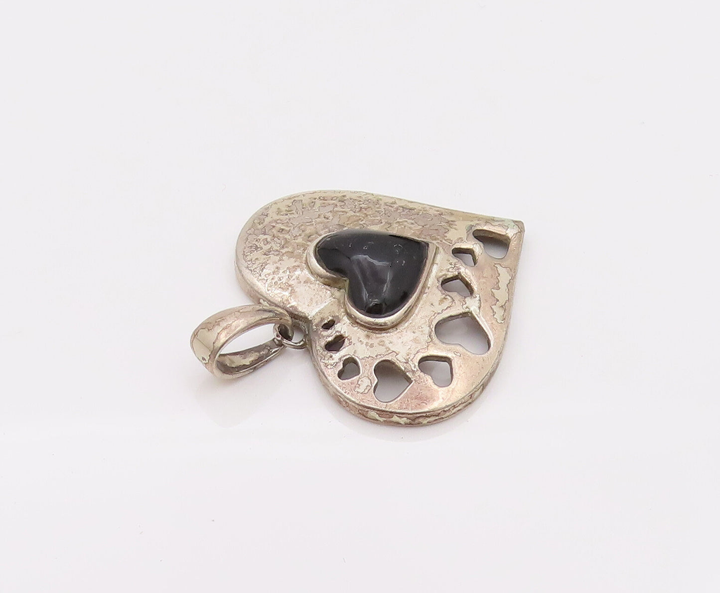 925 Sterling Silver  Vintage Love Heart with Heart cutout Onyx Pendant PT22112