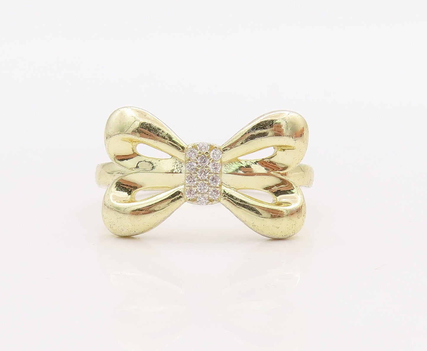 925 Sterling Silver Vintage Ring Gold Plated Cutout CZ Bow  Sz 8  RG28922