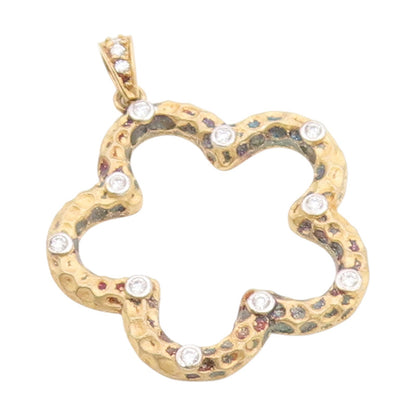 925 Sterling Silver Vintage Pendant Gold Plated CZ Hammered Open Flower  PT25835